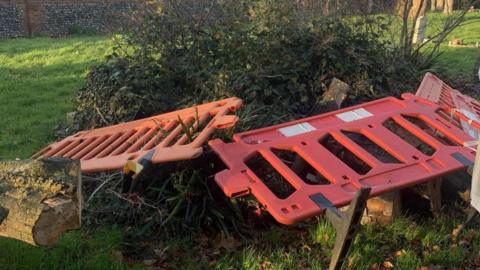 A large pile of green tree cuttings on a patch of grass, with orange plastic fencing placed on top