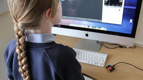 The back of a young student with a long blonde plait, sitting in front of a computer in a navy blue sweatshirt and blue polo shirt