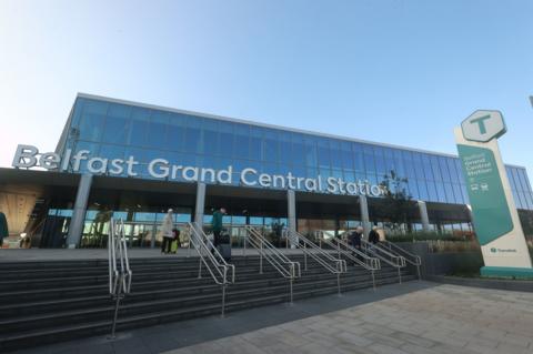 General view of Grand Central Station, Belfast, with the silver sign saying 'Belfast Grand Central' Station