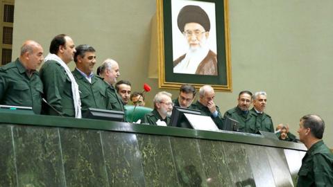 Iranian lawmakers wearing Iranian Revolutionary Guard Corps uniforms at the Iranian parliament in Tehran, 09 April 2019