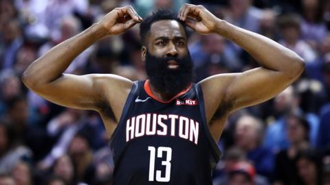 Houston Rockets guard James Harden looks perplexed by a referee decision