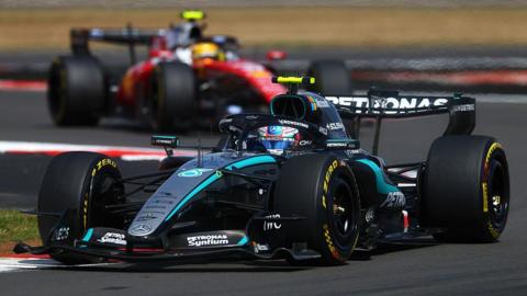 Kimi Antonelli drives ahead of Lewis Hamilton during the British GP sprint race in July