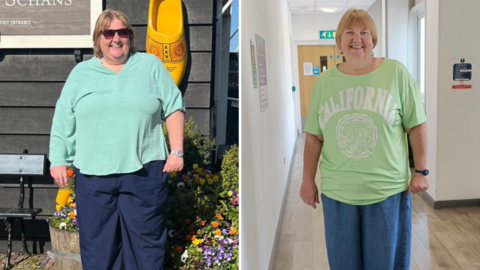 This is a composite image, on the left is her before she lost weight. She has blonde shoulder length hair and has sun glasses on. She is wearing a turquoise top and navy trousers. On the right is another photo of her, where she is wearing green t-shirt and jeans looking visibly thinner. 