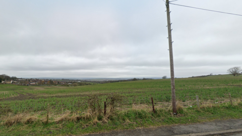 Green fields and cloudy sky. There is a telephone pole in the foreground of the photo. 