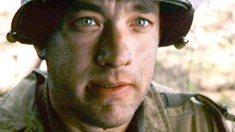 The movie "Saving Private Ryan", directed by Steven Spielberg. Seen here, Tom Hanks (as Captain John Miller), takes a moment to reflect, upon surviving D-Day. 