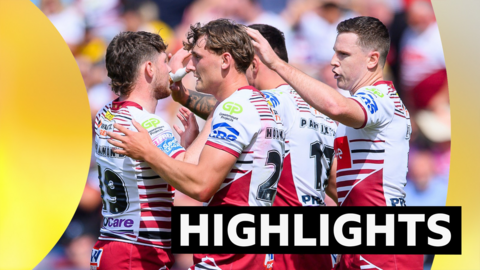 Wigan celebrate one of their 13 tries against York