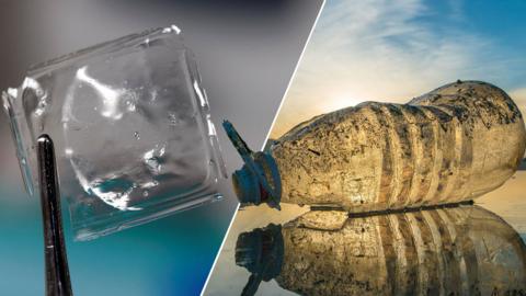 A square sheet of plastic held up with tweezers alongside a plastic bottle on the beach