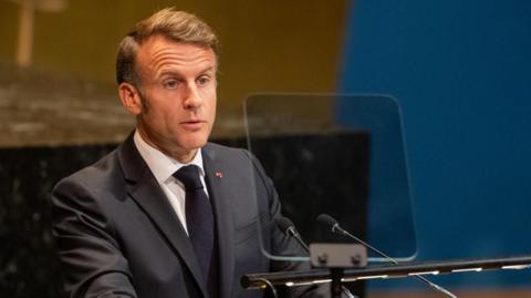 French President Emmanuel Macron speaks during the High-Level International Conference for the Peaceful Settlement of the Question of Palestine