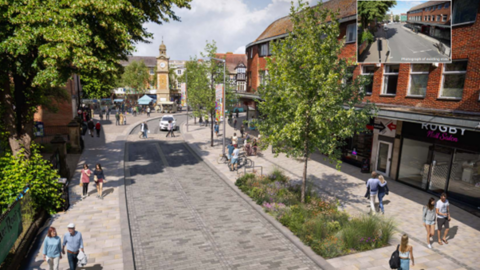 An artist's impression of a street with a car driving down it and people walking on pavements either side. There are shops on the right and a clock tower and older buildings in the distance. There are trees and green areas around the street.