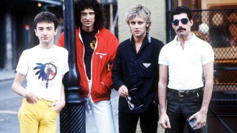 Queen the rock band, consisting of Freddie Mercury, Brian May, Roger Taylor and John Deacon in New Orleans