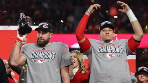 Travis Kelce and Patrick Mahomes celebrate the Chief's Super Bowl win in 2024 