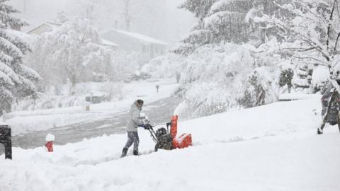 A resident tries to blow snow from driveway