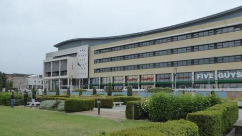 A lawn and hedges with a shopping centre behind