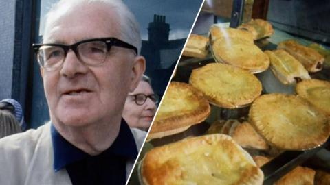 Composite image of a man wearing glasses and a casual suit talking to the camera, and a selection of pies and sausage rolls