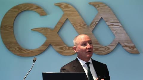 Jim Gavin speaking at Croke Park. 