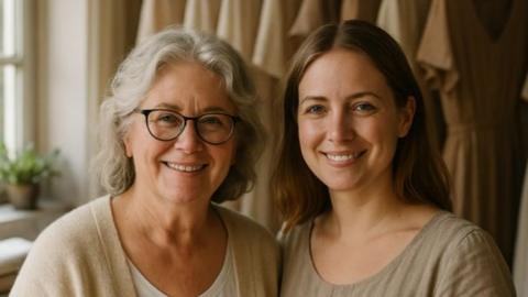 Two women - one older, one younger - smiling into camera. They are wearing beige clothes.