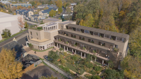 Artists 3D impression of Kendal Court from above - which is a multi-storey block of flats surrounded by trees. And more modern-looking houses in the background.
