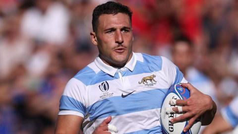 Rodrigo Isgro of Argentina breaks through to score his team's fifth try during the Rugby World Cup 2023 match between Argentina and Chile