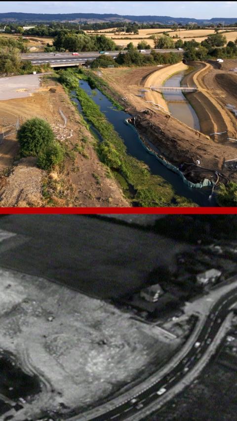 Top image is an aerial view of the canal by Stroud and the bottom image is a black and white archive photo of the canal being filled in near the M5.