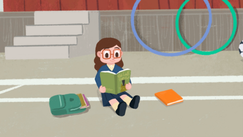 An illustration of a young girl sitting on the floor reading a book.