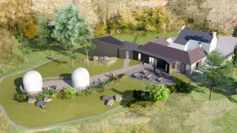 A computer-generated view of how the new Dark Sky Observatory might look with two domed buildings and a more traditional building beside it set in green countryside
