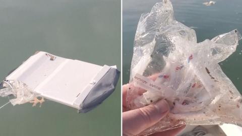 Split screen showing plane debris and plastic bag with sugar packets.