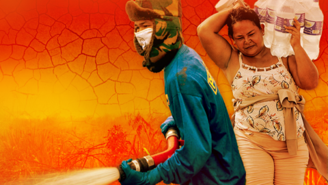 An image of a masked firefighter with a hose next to a woman carrying bottles of water on an orange and yellow background