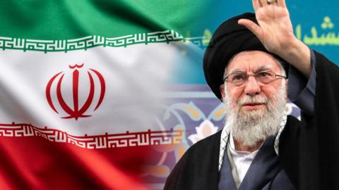 The flag of Iran and Iran's former supreme leader, Ayatollah Khamenei