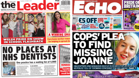 Front pages of South Wales Echo and The Wrexham Leader on 24 October