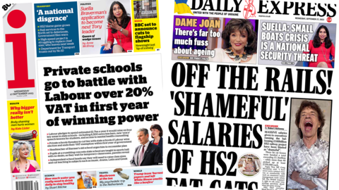 The headline in the i reads, "Private schools go to battle with Labour over 20% VAT in first year", while the headline in the Express reads, "Off the rails! 'Shameful' salaries of HS2 fat cats"