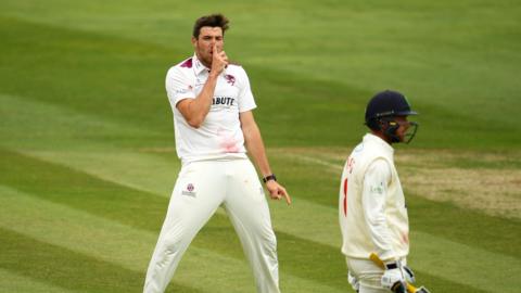 Jamie Overton celebrates wicket