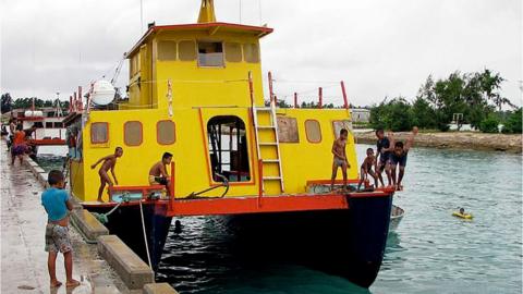 The MV Butiraoi, a wooden catamaran