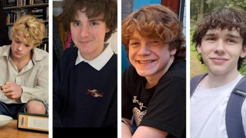 Composite of four individual shots, from left to right: Jevon Hirst, 16, sat behind a coffee table, wearing a cream stripped shirt and looking down. Harvey Owen, 17, in a dark crew neck jumper with white polo shirt collar. Wilf Fitchett in a black t-shirt with a pattern on the fron, smiling into the camera. Hugo Morris, 18, in a white t-shirt with the blue straps of a backpack showing