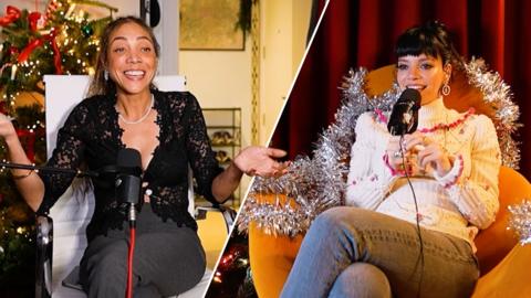 Miquita Oliver on a white chair, in front of a Christmas tree, speaking into a microphone, and Lily Allen sitting on a chair covered in tinsel, in front of a red curtain, and speaking into a microphone
