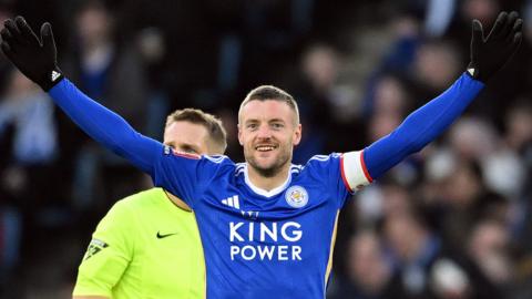 Leicester Jamie Vardy celebrates his goal against Birmingham City in the FA Cup