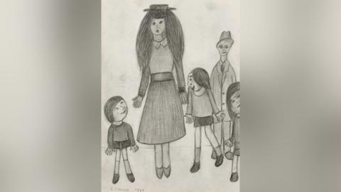 A mother with a hat and long hair and three fractious children is portrayed in this simple pencil drawing.