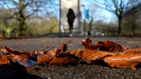 A woman runs through a park with golden leaves on the floor in the foreground