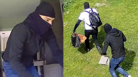 A close-up image of a man inside a house wearing a black balaclava next to an image of two people in a garden holding designer handbags.