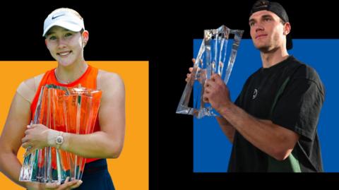 A composite image of Mirra Andreeva and Jack Draper with the Indian Wells trophies