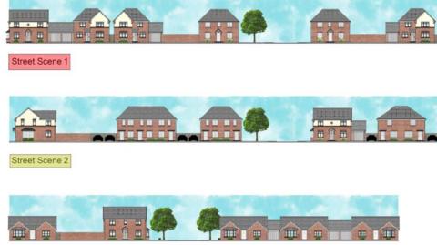 An artists impression of the new housing estate detailing semi-attached homes against a blue skyline and green trees