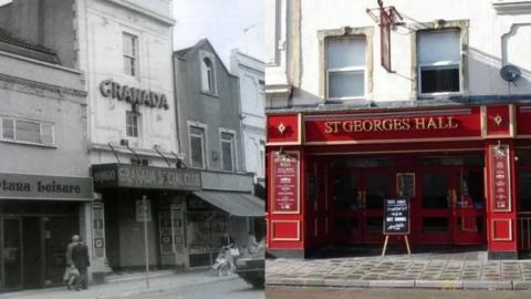 Two photos side-by-side - Granada Social Club in 1960s & Wetherspoon pub in 2020s
