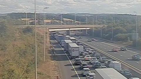 Queues of traffic on the motorway heading south