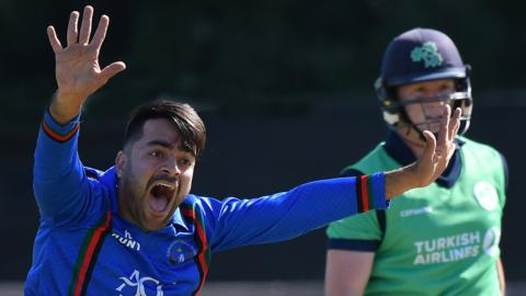 Afghanistan's star spinner Rashid Khan appeals for a dismissal against Kevin O'Brien during a game against Ireland in 2018