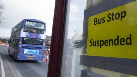 Bus and suspended bus stop in Leeds