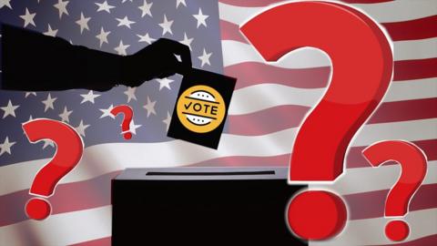 Composite of voter casting ballot and question marks