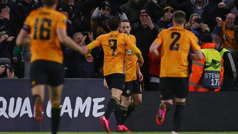 Wolves players celebrate a goal against Espanyol in the last 32 of the Europa League