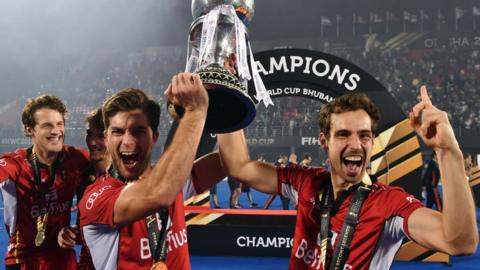 Belgium celebrate winning the men's Hockey World Cup in 2018