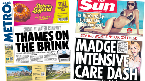 The headline in the Metro reads, "Thames on the brink", while the headline in the Sun reads, "Madge intensive care dash"