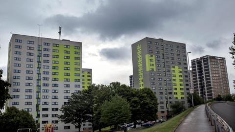 A cluster of tower blocks with pale, grey and luminous green cladding. Some trees stand in front of them.