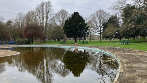 Tired looking circular pool with branches strewn across the edge of the pool